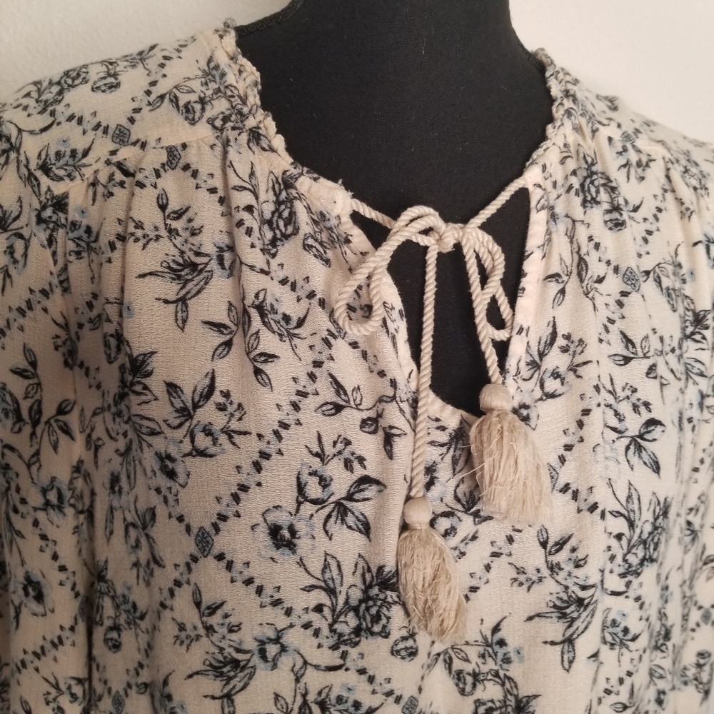 Lucky Brand Top Boho Viscose Tassels Border Print Blue Peasant Long Sleeves L - Picture 5 of 8
